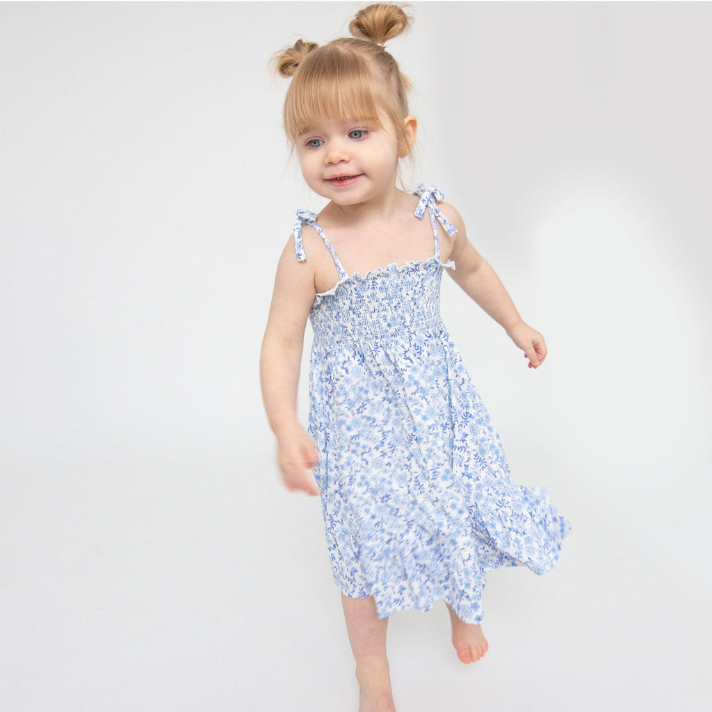 Tie Strap Smocked Sun Dresss Diaper Cover - Blue Calico Floral-DRESSES & SKIRTS-Angel Dear-Joannas Cuties