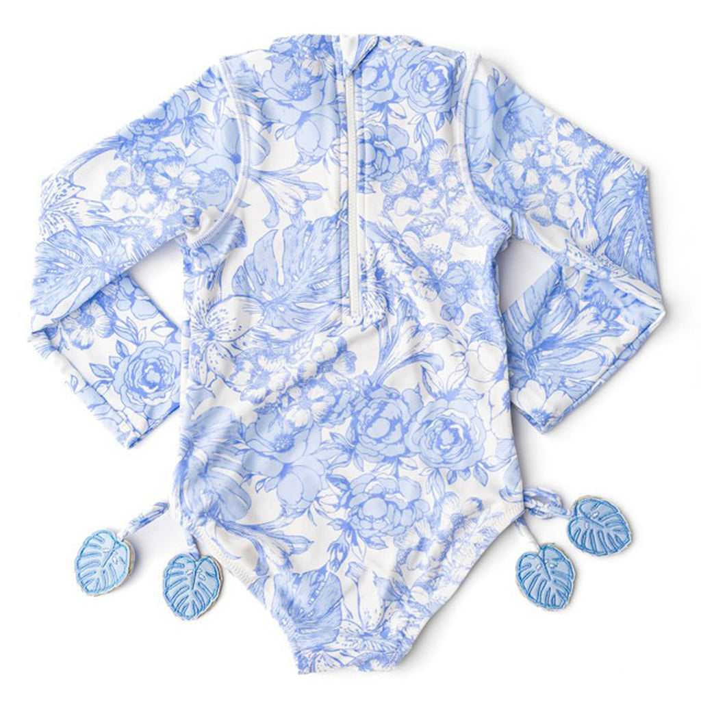 Tropical Blues Girls Long Sleeve One Piece Swimsuit