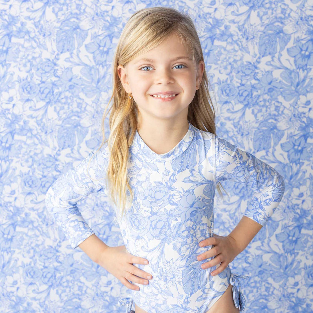 Tropical Blues Girls Long Sleeve One Piece Swimsuit