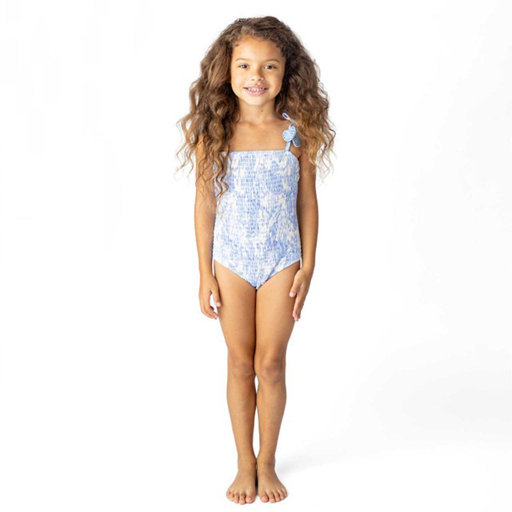 Tropical Blues Girls Smocked One Piece Swimsuit