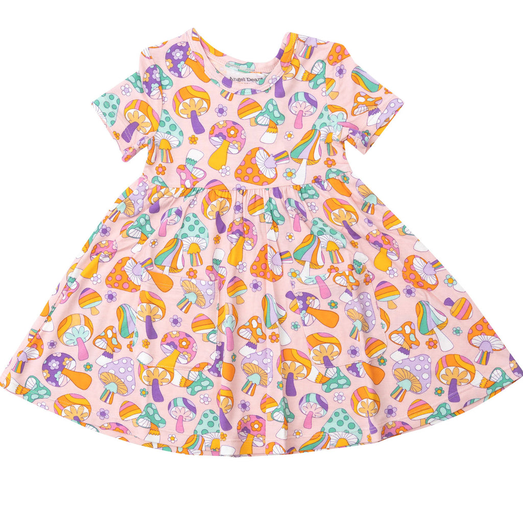 Twirly Short Sleeve Dress - Flower Power Mushrooms-DRESSES & SKIRTS-Angel Dear-Joannas Cuties
