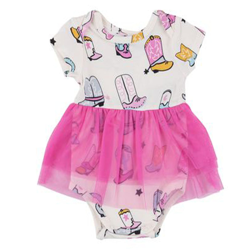 Twirly Short Sleeve Tutu Bodysuit Dress - Boots Pink-BODYSUITS-Angel Dear-Joannas Cuties