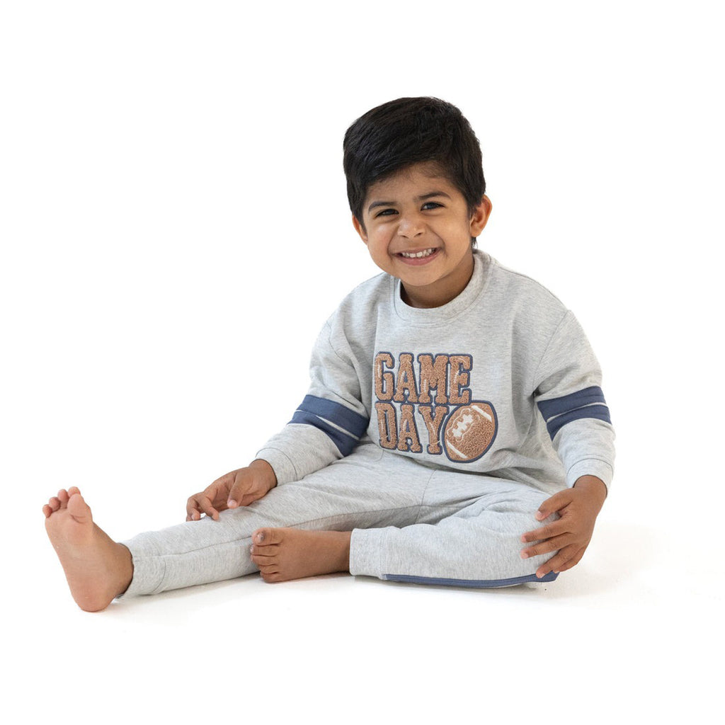 Varsity - Light Grey Cozy Drop Sleeve Sweatshirt with Varsity Stripes