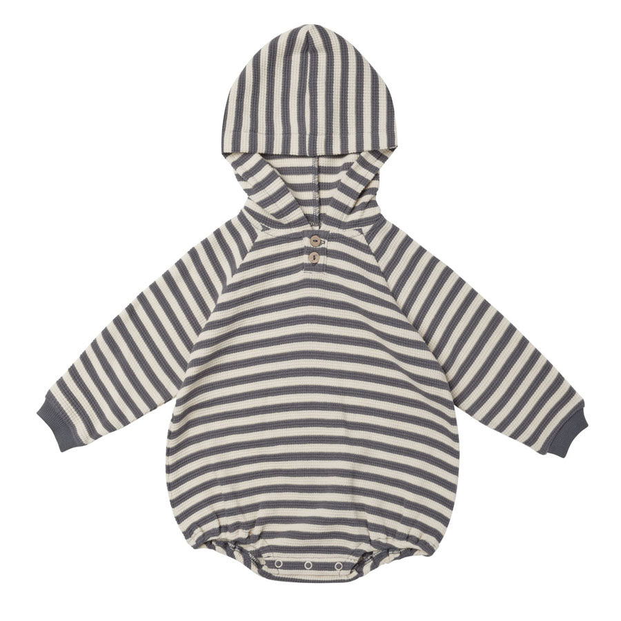 Waffle Hooded Bubble Romper Navy Stripe-OVERALLS & ROMPERS-Quincy Mae-Joannas Cuties