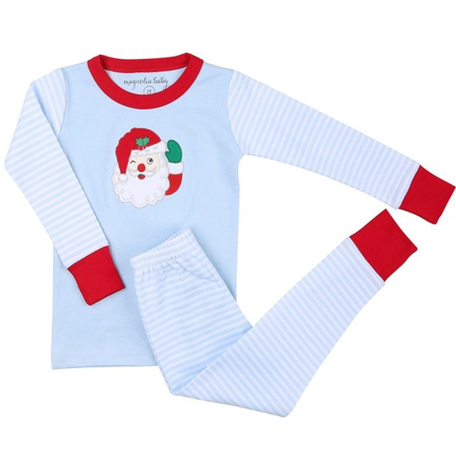Winking Santa Applique Blue Long Pajama-SLEEPWEAR-Magnolia Baby-Joannas Cuties