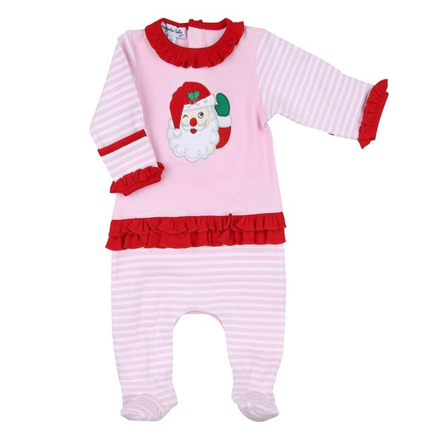 Winking Santa Applique Pink Back Snap Ruffle Footie-FOOTIES-Magnolia Baby-Joannas Cuties