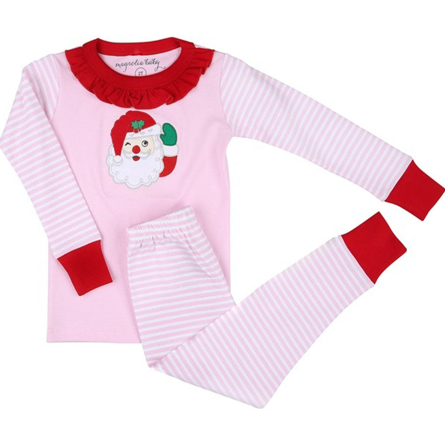 Winking Santa Applique Pink Ruffle Long Pajamas-SLEEPWEAR-Magnolia Baby-Joannas Cuties