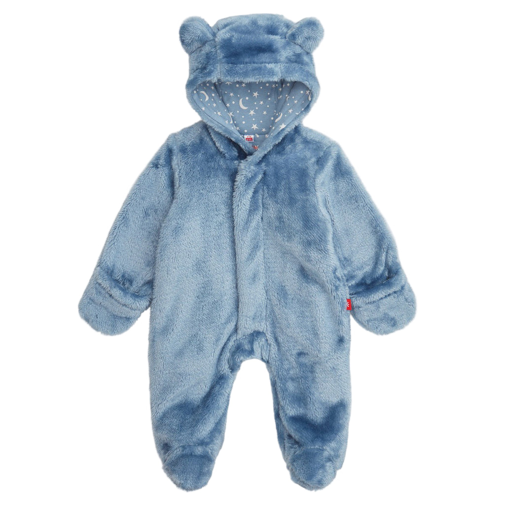 Blue baby snowsuit with bear ears on a white background