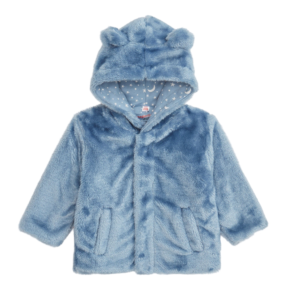 Blue children's hooded jacket with bear ears on a white background