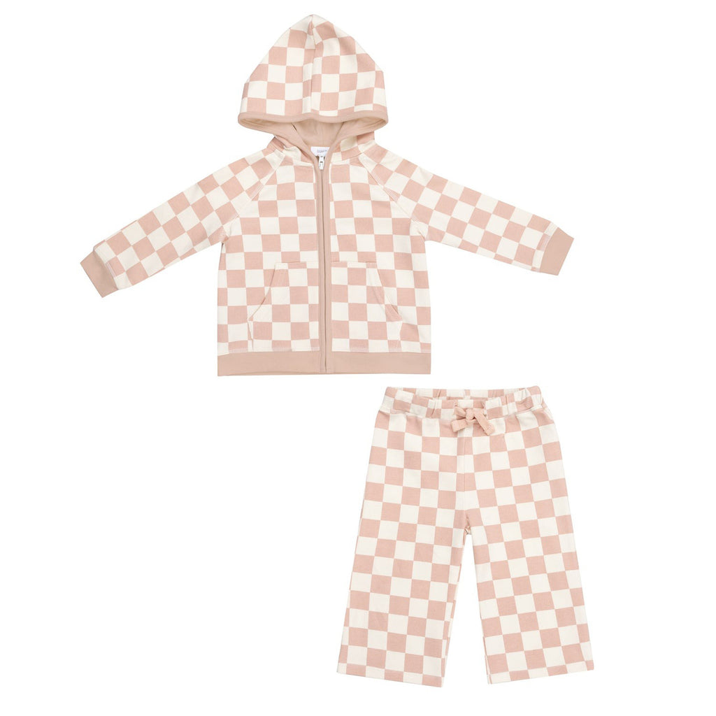 Zip Hoodie + Wide Leg Pant - Checkerboard Pink