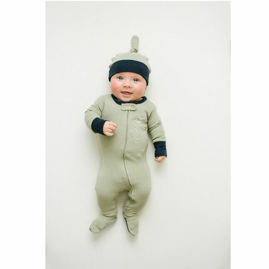 Organic Appliqué Zipper Baby Footie in Seafoam/Indigo-FOOTIES-L'ovedbaby-Joannas Cuties