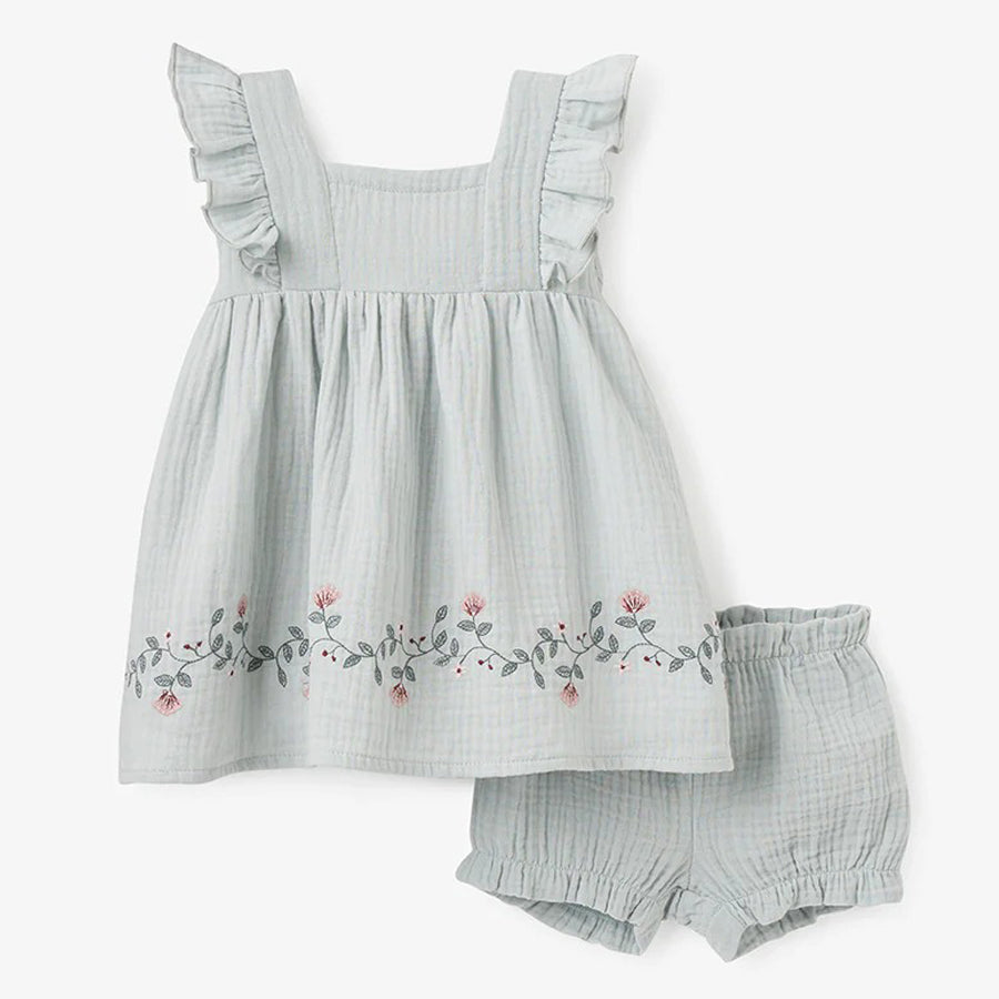 Aqua Embroidered Organic Muslin Dress W/Blumers-DRESSES & SKIRTS-Elegant Baby-Joannas Cuties