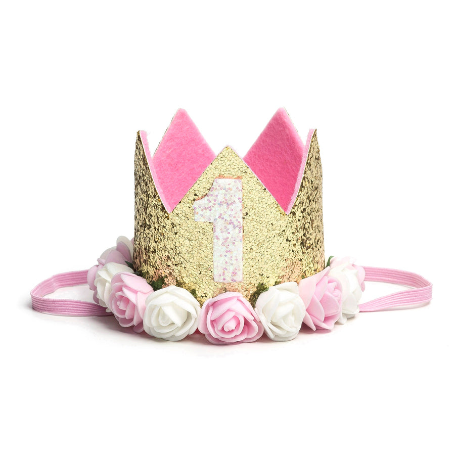 First Birthday Crown - Gold with Flowers-Sweet Wink-Joanna's Cuties
