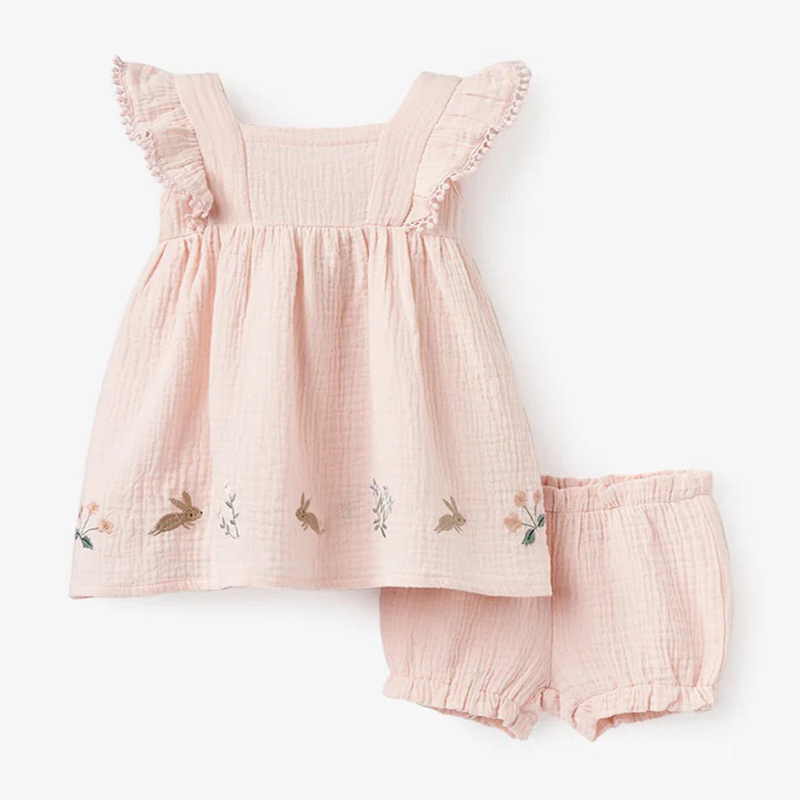 Blush Pink Garden Picnic Embroidered Organic Muslin Dress W/ Bloomer-DRESSES & SKIRTS-Elegant Baby-Joannas Cuties