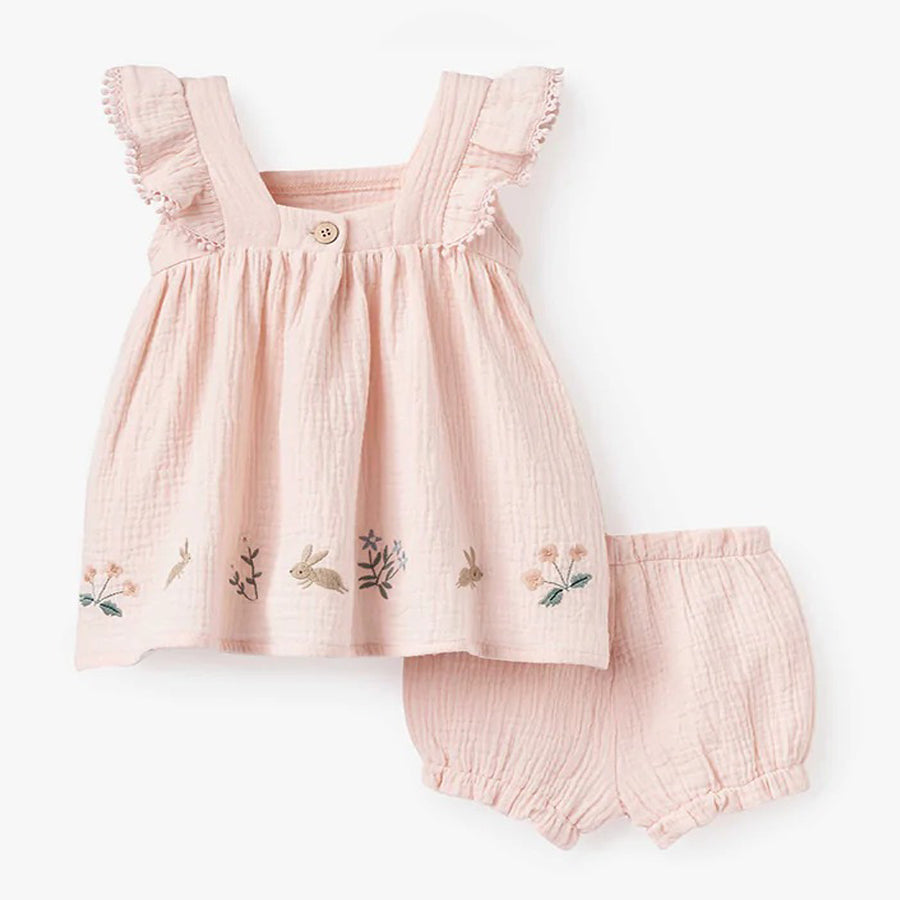 Blush Pink Garden Picnic Embroidered Organic Muslin Dress W/ Bloomer-DRESSES & SKIRTS-Elegant Baby-Joannas Cuties