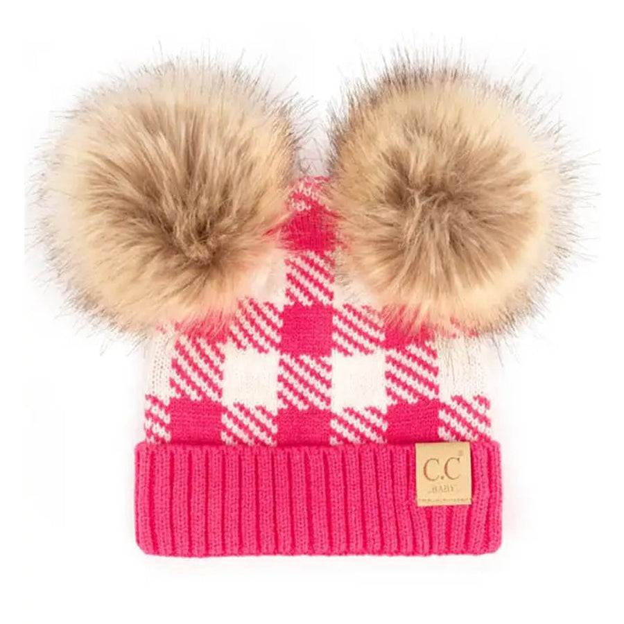 Buffalo Check Baby Beanie With Natural Pom - Candy Pink/Ivory-HATS & SCARVES-C.C Beanie-Joannas Cuties