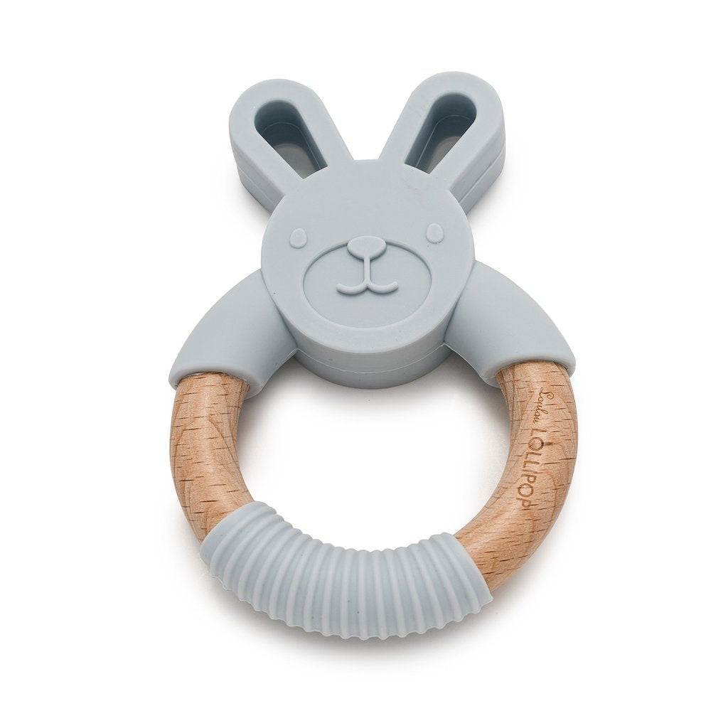 Bunny Silicone And Wood Teether - Light Gray - Loulou Lollipop - joannas-cuties