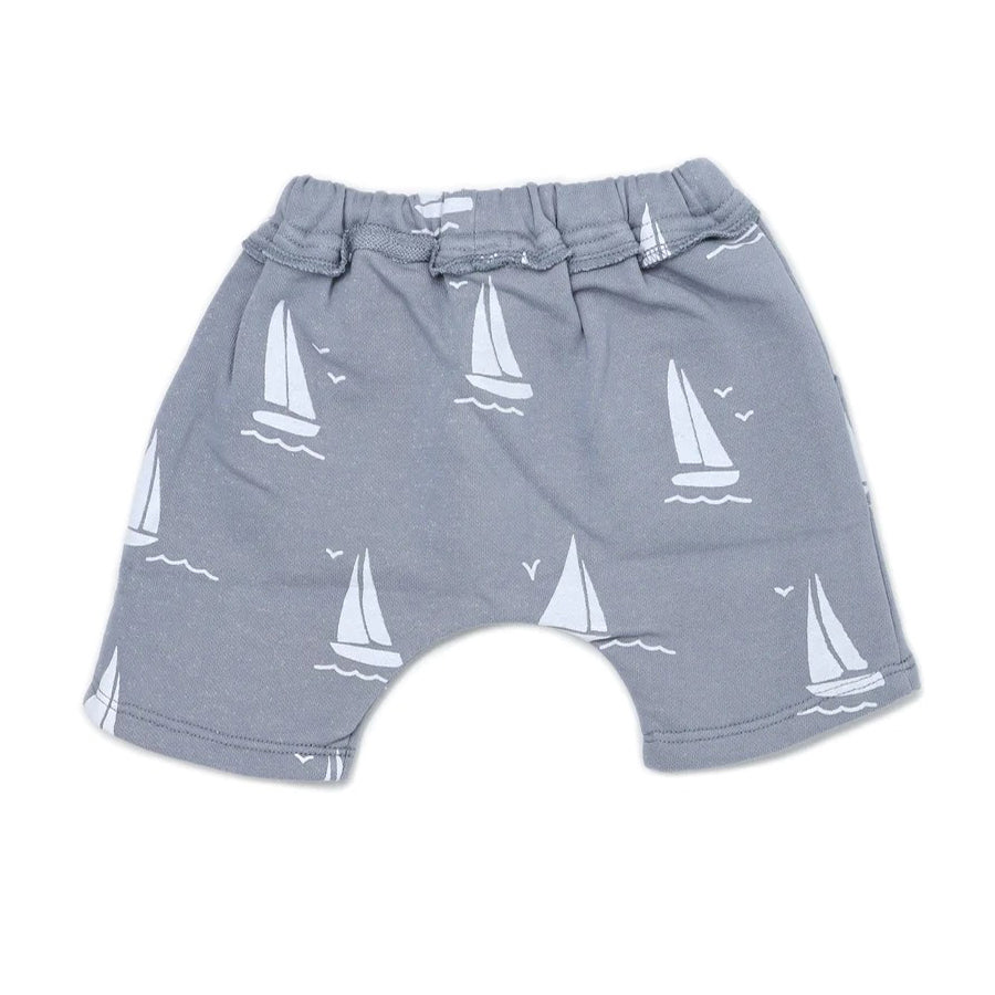 Cotton French Terry Pocket Shorts - Sailboat Print - Fog-BOTTOMS-Oh Baby-Joannas Cuties