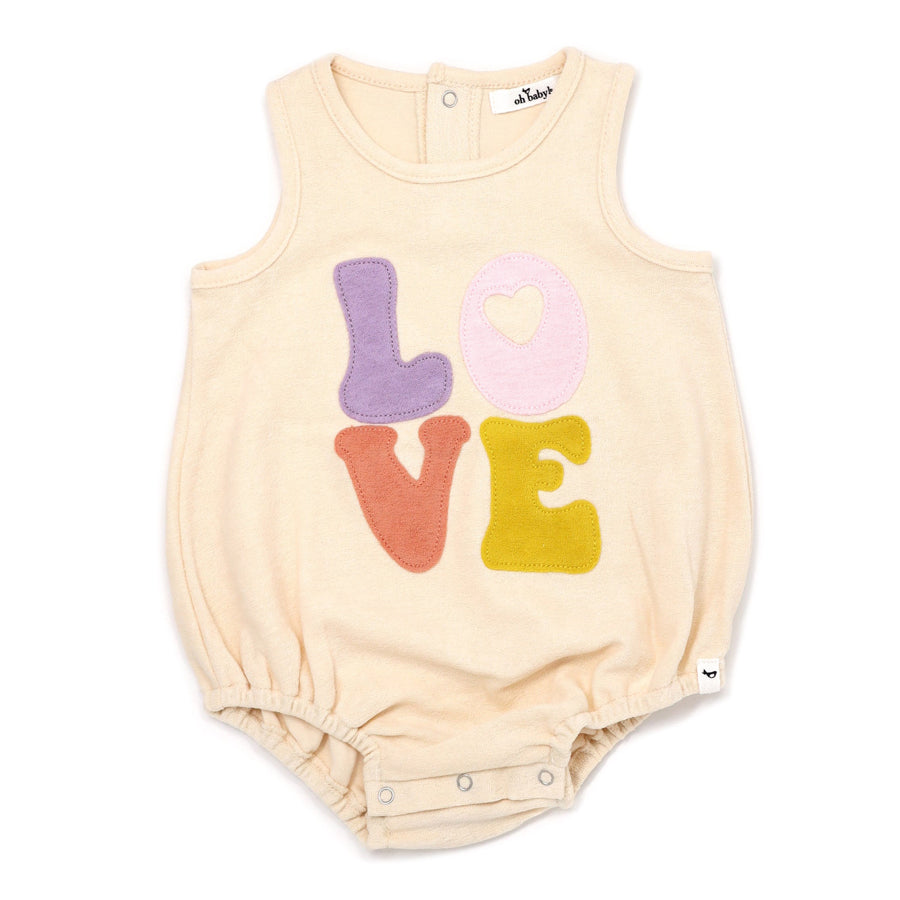 Cotton Terry Bubble - "LOVE" Applique - Natural-OVERALLS & ROMPERS-Oh Baby-Joannas Cuties