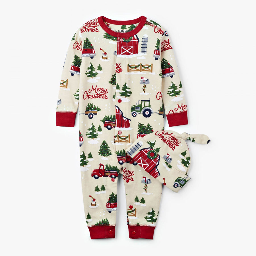 Country Christmas Baby Coverall with Hat - Little Blue House - joannas-cuties
