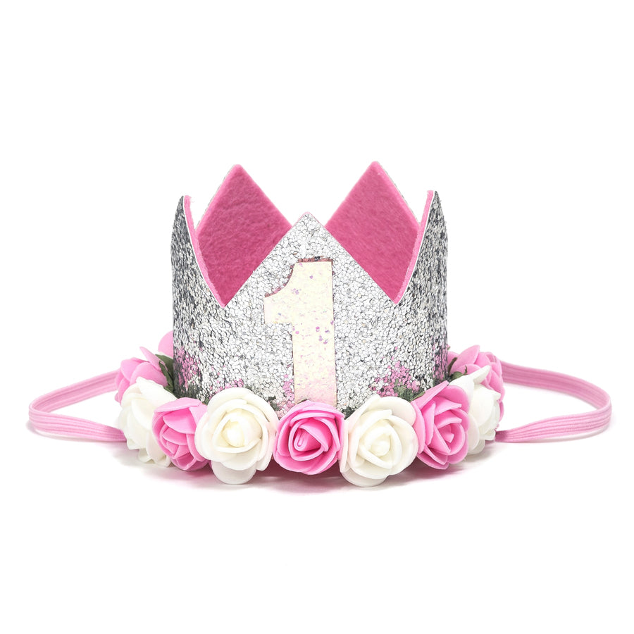 First Birthday Crown - Silver with Flowers-Sweet Wink-Joanna's Cuties