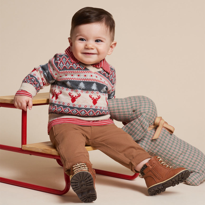 Fair Isle Stags V-Neck Baby Sweater-Hatley-Joanna's Cuties