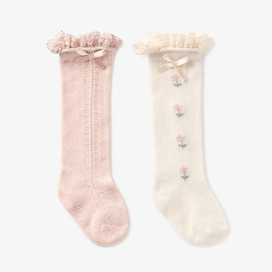 Floral Knee-High Non Slip Baby Socks 2 Pack-SOCKS, TIGHTS & LEG WARMERS-Elegant Baby-Joannas Cuties