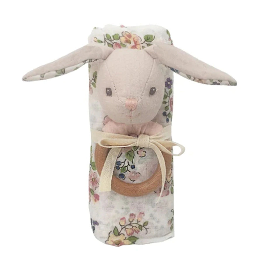 Floral Muslin And Bunny Wood Rattle Gift Set-SWADDLES & BLANKETS-Mon Ami-Joannas Cuties
