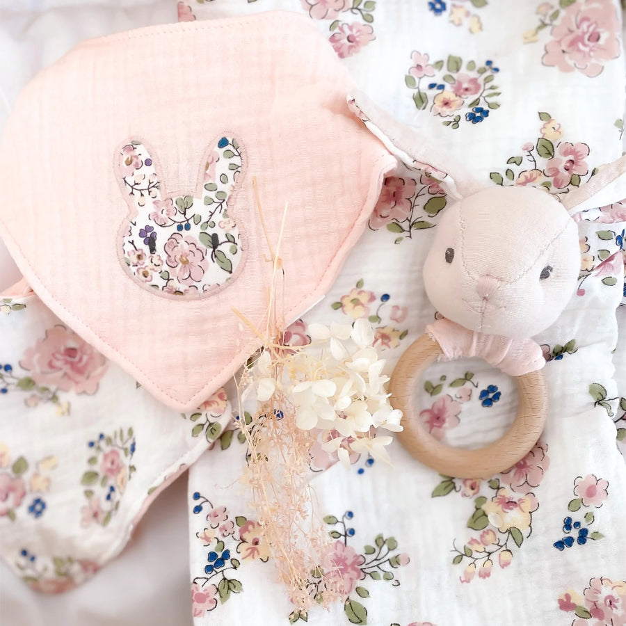 Floral Muslin And Bunny Wood Rattle Gift Set-SWADDLES & BLANKETS-Mon Ami-Joannas Cuties