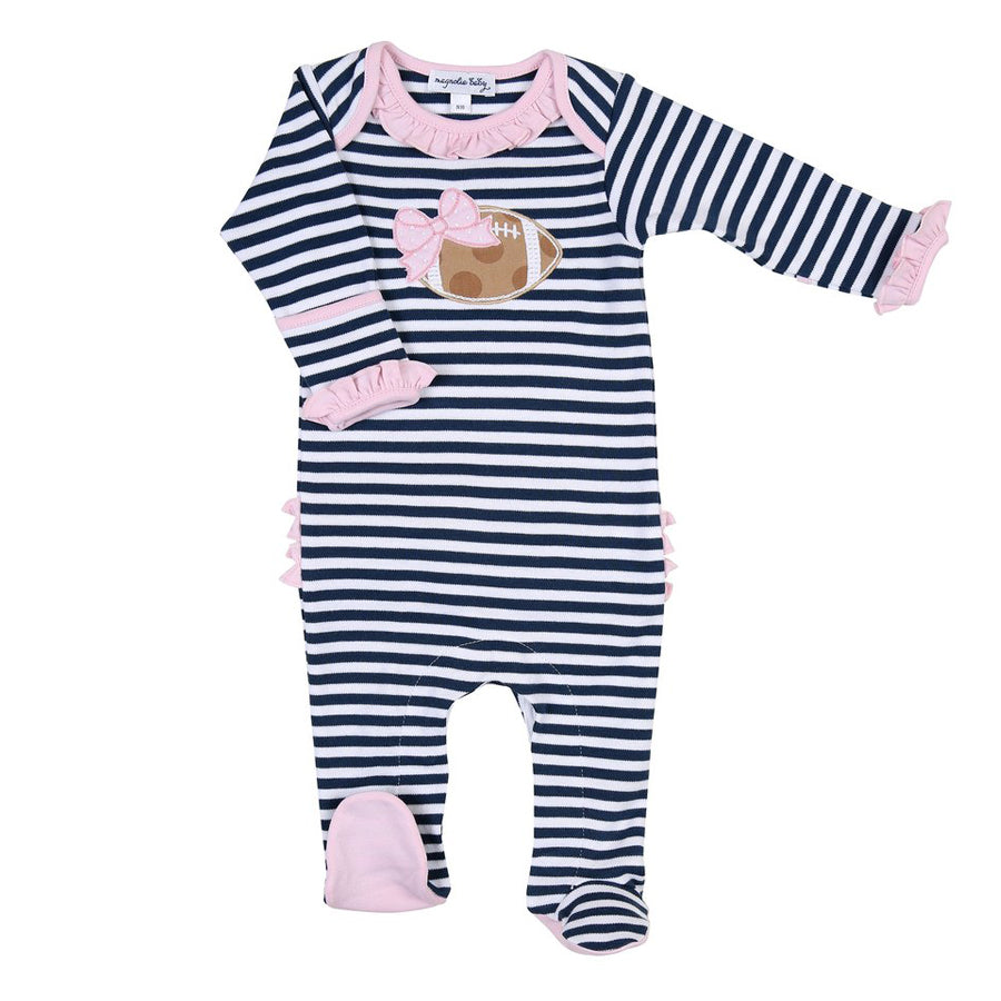 Football Stripes Pink Ruffle Lap Footie-Magnolia Baby-Joanna's Cuties