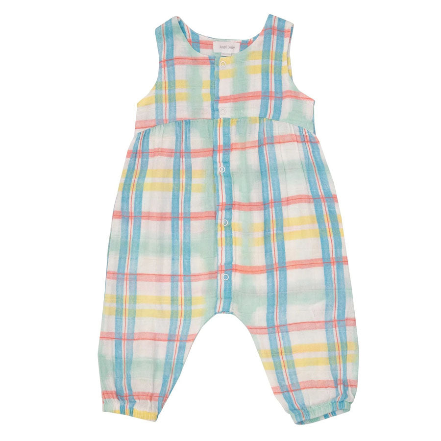Front Opening Organic Romper - Beach Plaid-OVERALLS & ROMPERS-Angel Dear-Joannas Cuties