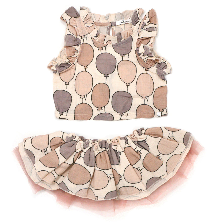Gauze Lola Top and Tutu Skirt Set - Balloon Print - Natural-OUTFITS-Oh Baby-Joannas Cuties