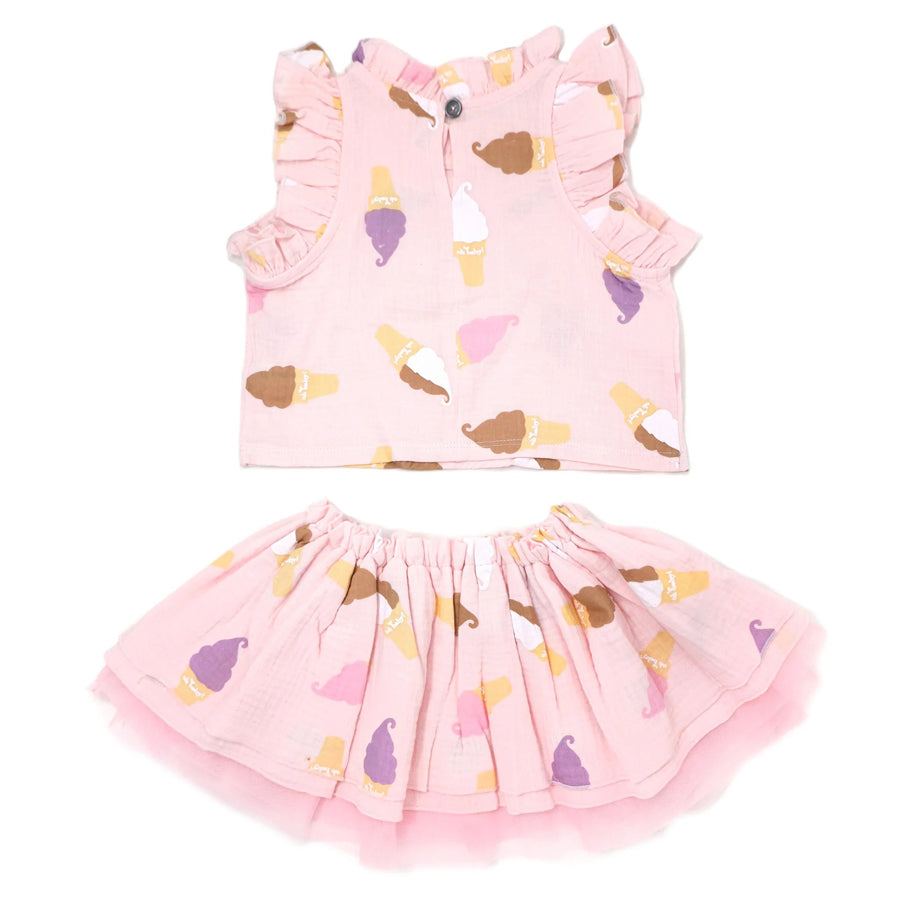 Gauze Lola Top & Tutu Skirt Set - Soft Serve Ice Cream Print - Pale Pink-OUTFITS-Oh Baby-Joannas Cuties