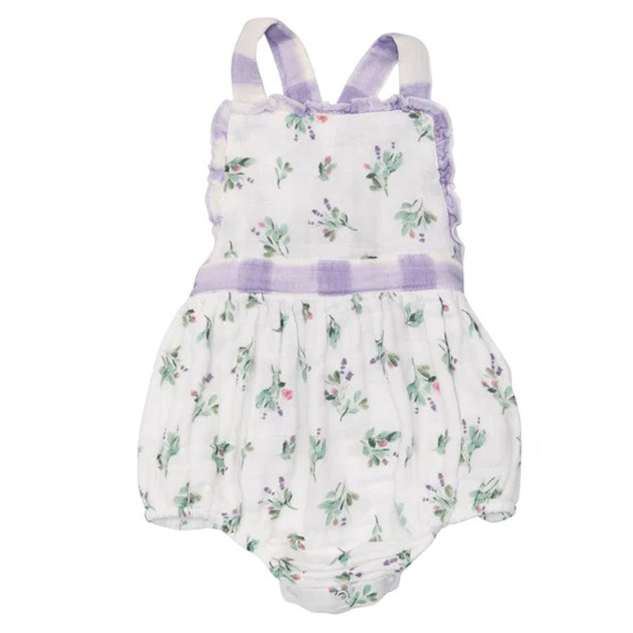 Organic Gingham Ruffle Bubble - Lavender Rose-OVERALLS & ROMPERS-Angel Dear-Joannas Cuties