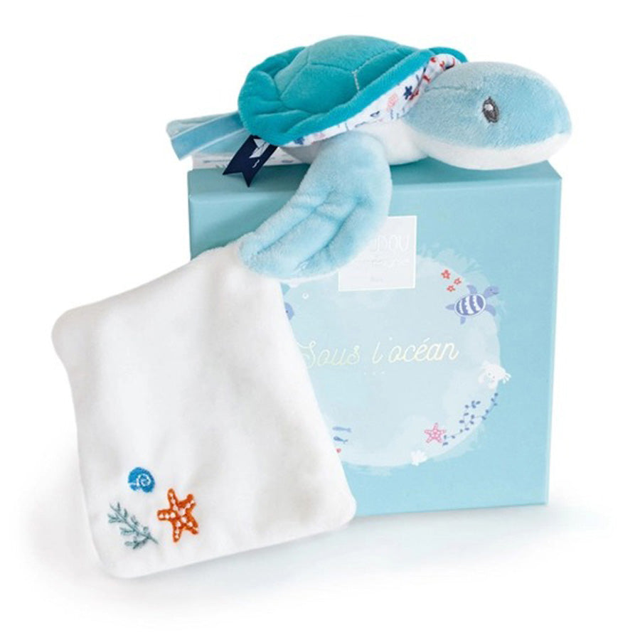 Under the Sea: Green Turtle Plush With Blanket, Blue-Doudou Et Compagnie-Joanna's Cuties