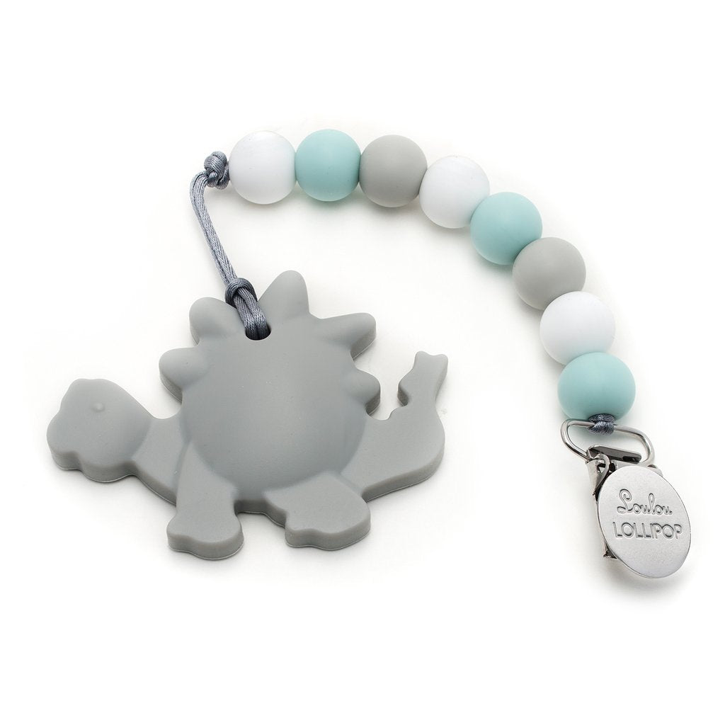 Grey Dinosaur Silicone Teether with Holder Set - LouLou Lollipop - joannas-cuties
