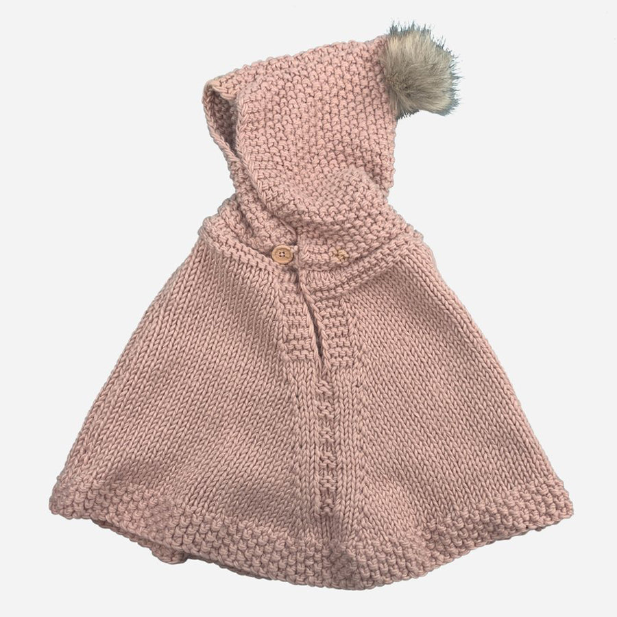 Hand Knit Poncho With Fur Pom Pom - Blush-The Blueberry Hill-Joanna's Cuties