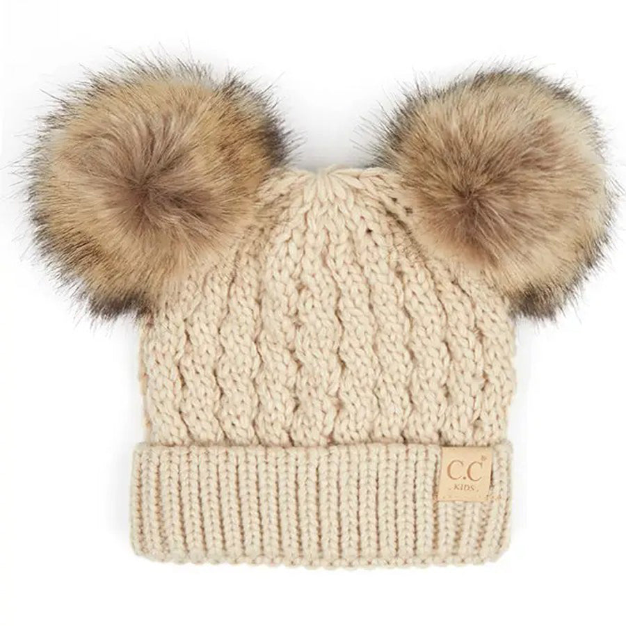 Kids Double Pom Pom All Over Cable Beanie - Beige-HATS & SCARVES-C.C Beanie-Joannas Cuties