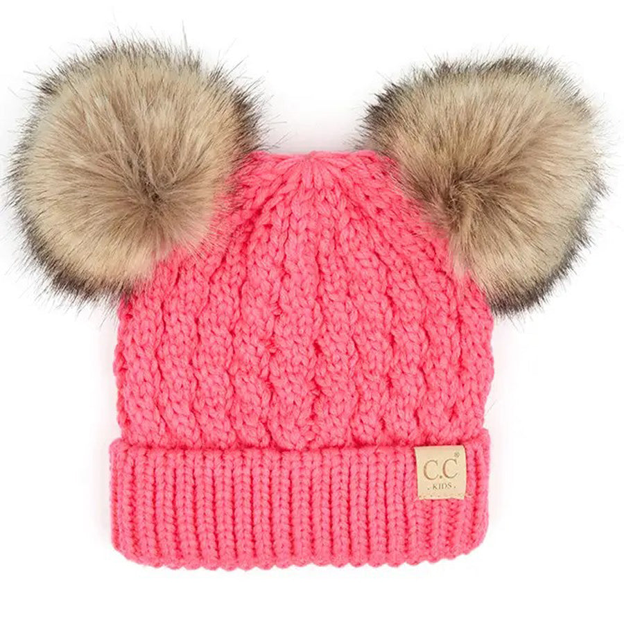 Kids Double Pom Pom All Over Cable Beanie - Candy Pink-HATS & SCARVES-C.C Beanie-Joannas Cuties