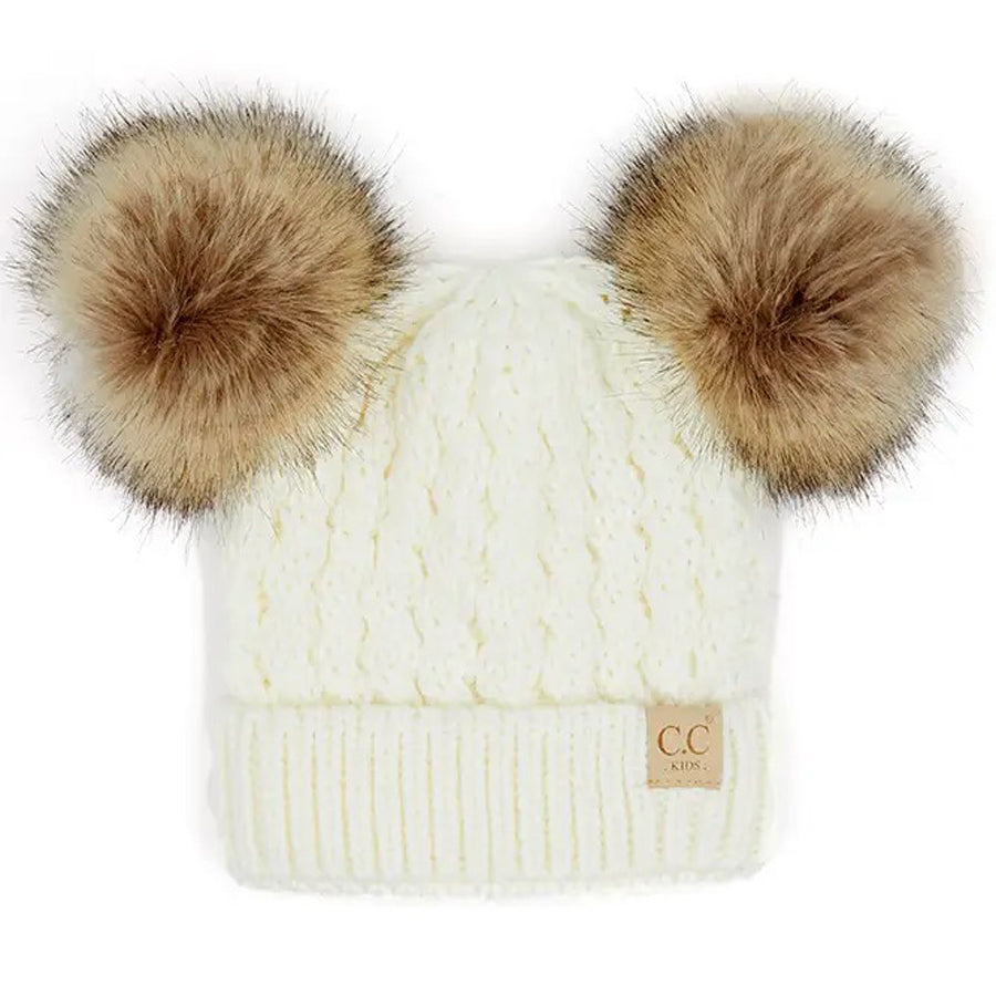 Kids Double Pom Pom All Over Cable Beanie - Ivory-HATS & SCARVES-C.C Beanie-Joannas Cuties