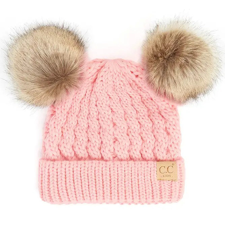 Kids Double Pom Pom All Over Cable Beanie- Pale Pink-HATS & SCARVES-C.C Beanie-Joannas Cuties