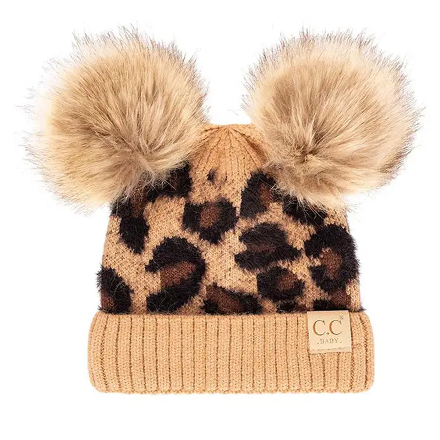Leopard Double Pom Beanie Hat for Baby - Latte-HATS & SCARVES-C.C Beanie-Joannas Cuties