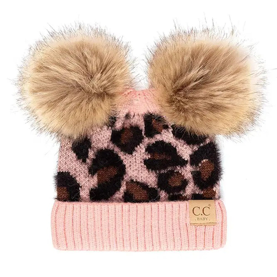 Leopard Double Pom Beanie Hat for Baby - Pink-HATS & SCARVES-C.C Beanie-Joannas Cuties