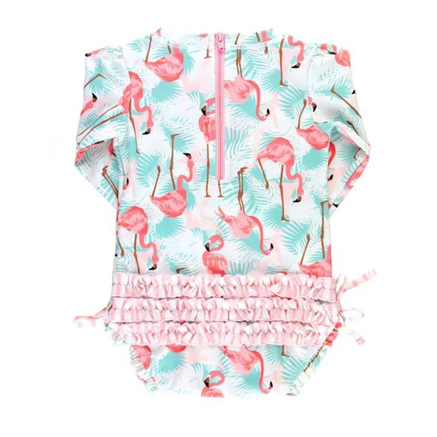 Vibrant Flamingo Long Sleeve One Piece Rash Guard-SWIMWEAR-Ruffle Butts-Joannas Cuties