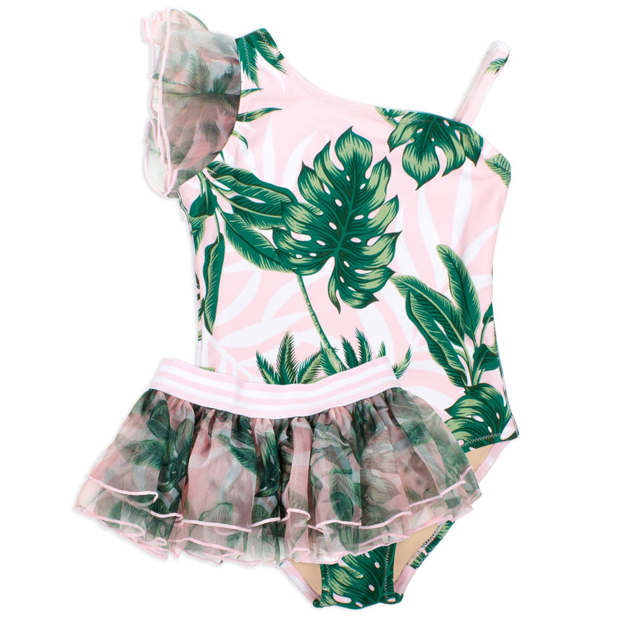 One Piece Luxe Organza Shoulder w/Tutu- Tropical Pink Palm-Shade Critters-Joanna's Cuties