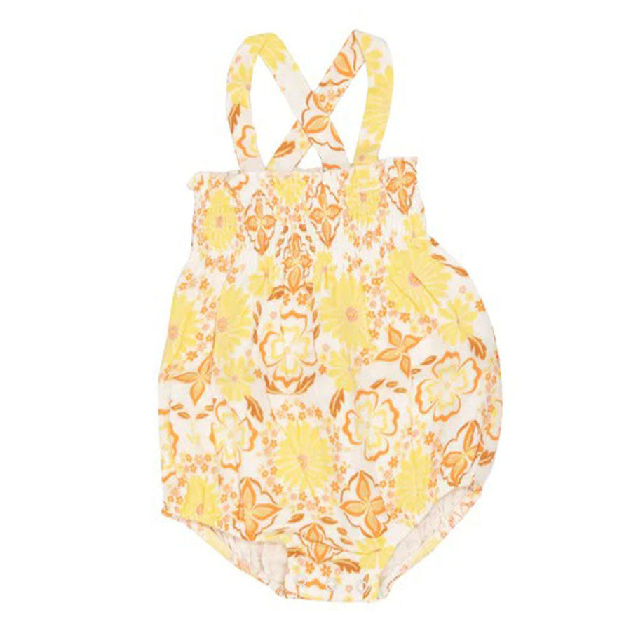 Organic Smocked Sunsuit - Golden Surf Floral-OVERALLS & ROMPERS-Angel Dear-Joannas Cuties