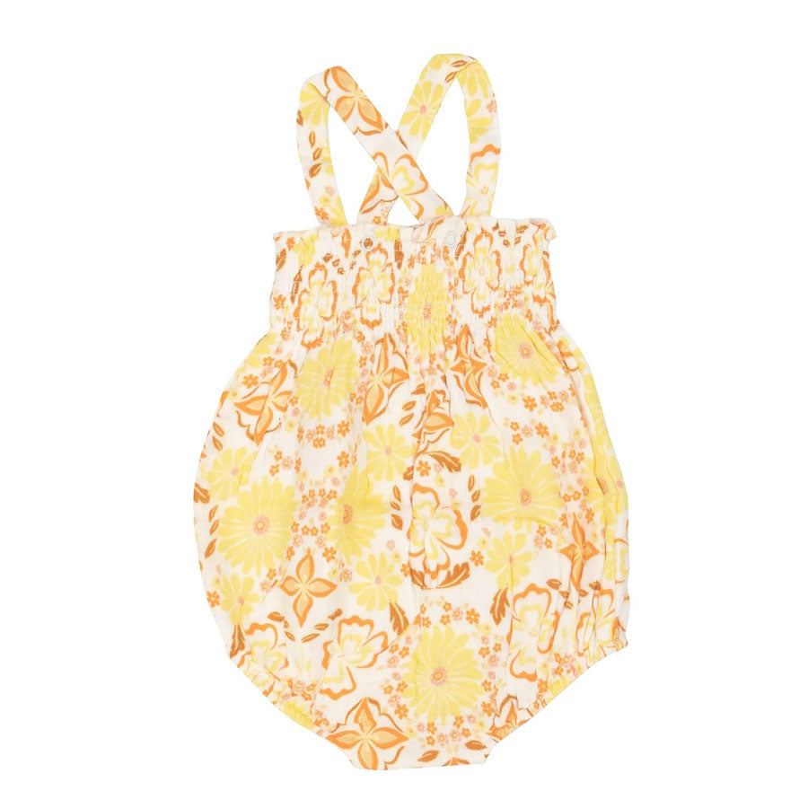 Organic Smocked Sunsuit - Golden Surf Floral-OVERALLS & ROMPERS-Angel Dear-Joannas Cuties