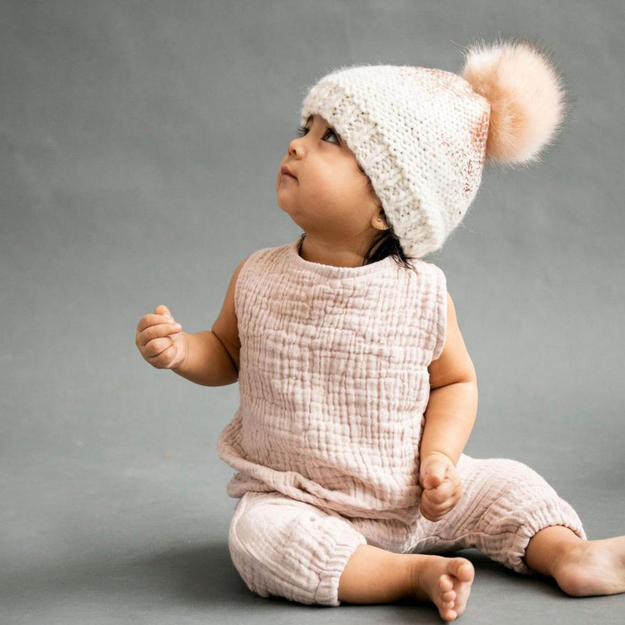 Pearl Metallic Hat with Fur Pom - Cream And Rose Gold-The Blueberry Hill-Joanna's Cuties