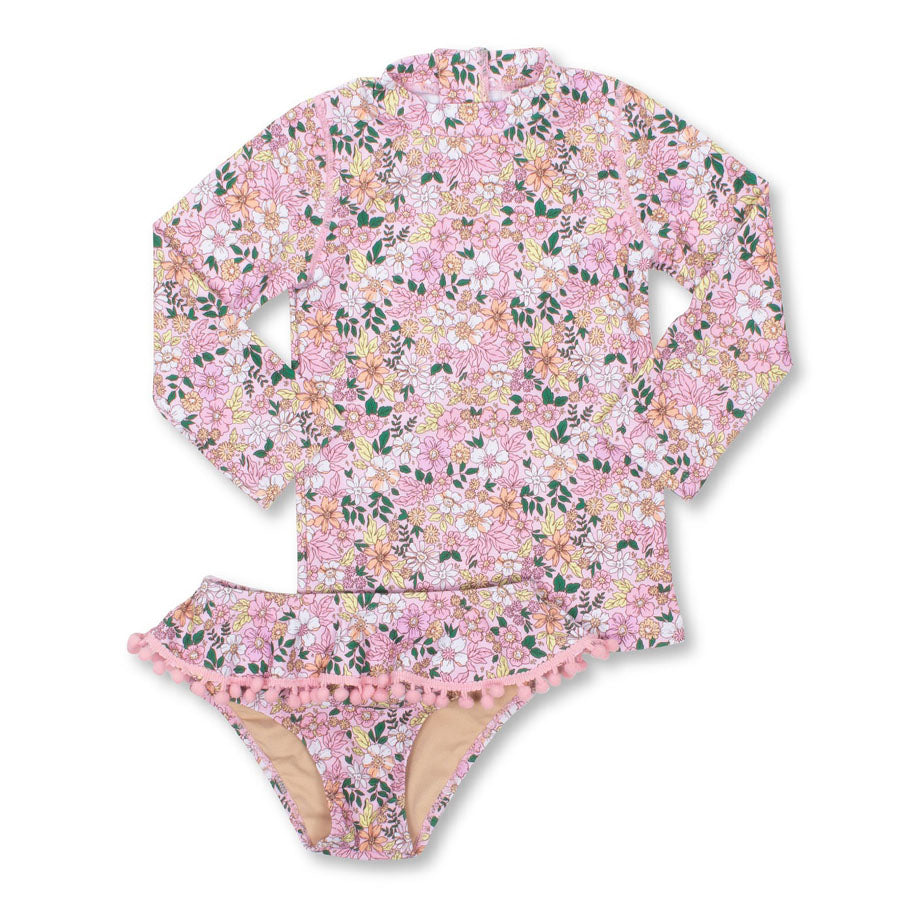 Pink Ditsy Floral Girls Two Piece Rashguard Swim Set-SWIMWEAR-Shade Critters-Joannas Cuties