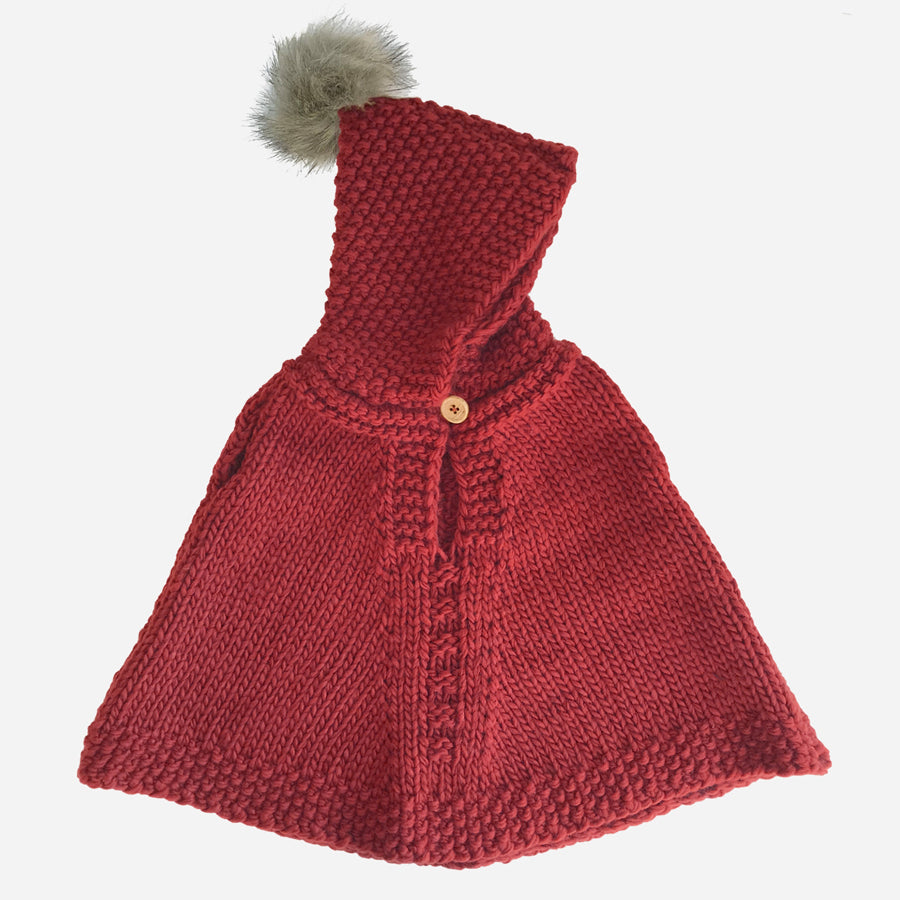 Hand Knit Poncho With Fur Pom Pom - Red-The Blueberry Hill-Joanna's Cuties